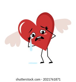 Cute character red heart with wings and crying and tears emotions, sad face, arms and legs. Festive decoration for valentine day with eyes