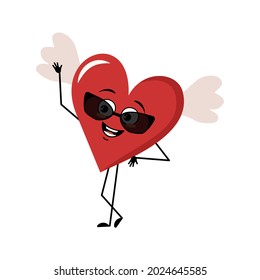 Cute character red heart with wings, glasses and joyful emotions, smile face, happy eyes, arms and legs. Festive decoration for valentine day