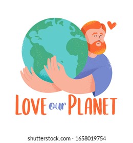 Der scharfe Charakter des Rotkopfmenschen, der den Planeten im Stil von Hippster-Cartoons mit Texturen und der Phrase "Love our Planet" umarmt. Moderne Vektorillustration doodle Illustration. Umweltfreundlich, retten Sie den Planeten, Earth Day.