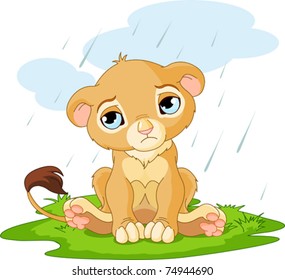 A cute character of sad lion cub on rainy day