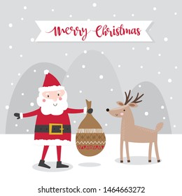 Cute Character Santa Claus and reindeer, Cartoon vector illustration