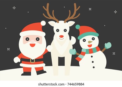 cute character of Santa Claus, snow reindeer and snowman in  snow field and star