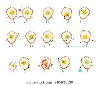 Cute character scrambled egg with yolk and protein with happy or sad emotion, panic, loving or brave face, hands and legs. Fun food breakfast person with mask, glasses or hat. Vector flat illustration