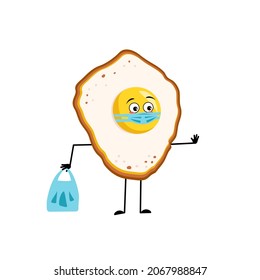 Cute character scrambled eggs with yolk and protein, with sad emotions, face and mask keep distance, hands with shopping bag and stop gesture. Fun food for breakfast. Vector flat illustration
