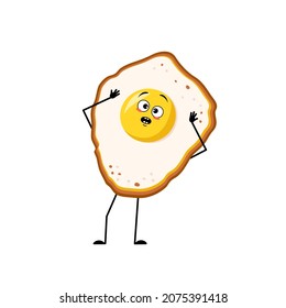 Cute character scrambled eggs with yolk and protein, with emotions in panic grabs his head, surprised face, shocked eyes, arms and legs. Fun food for breakfast. Vector flat illustration