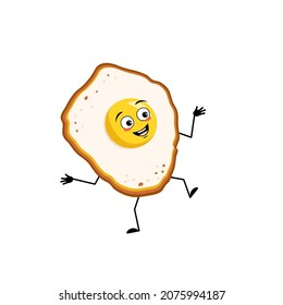Cute character scrambled eggs with yolk and protein, with joyful emotions, happy face, smile, eyes, dancing arms and legs. Fun food for breakfast. Vector flat illustration