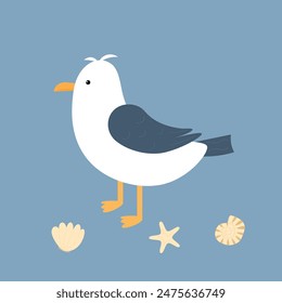 Cute character seagull and shells. Marine summer vector illustration in flat style. Children's card.