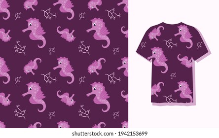 Cute Character Seahorses Sea Animal Seamless Patterns Can Be Used as Designs On Clothes, Wallpapers, Backgrounds. Vector Illustration
