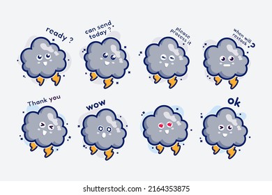 cute character set bundle mascot and sticker design cloud for online shopping emoticon expression face and thunder storm cloud