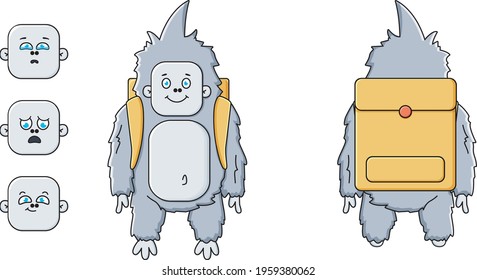 cute character set. constructor with different elements. emotional set. yeti monster with yellow backpack. vector isolated illustration