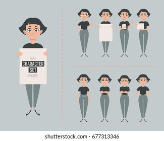 Cute character set with eight poses. Vector design.
