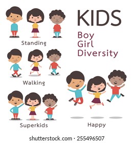 Cute Character Set Of Kids, Boy, Girl, Diversity. Flat Design. 