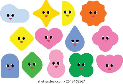 Cute character set with various geometric shapes and smiling faces. Perfect for kids’ content, educational materials, or playful user interfaces.