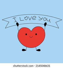 A cute character in the shape of a heart confesses his love. Declaration of love. Valentine's day card. The heart is holding a sign with the text. Design elements for valentine's day. Doodle