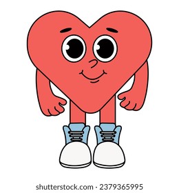 cute character in the shape of a heart in the style of a groovy. Retro cyaracter