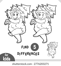 Cute character sheep and Christmas tree. Spot the differences game for kindergarten and preschool children. Black and white coloring page in cartoon style for kids