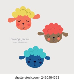 Caras de oveja de carácter lindo. conjunto de caras lindas de animales coloridos con dibujos animados. Diseño para niños, niñas, niños. Una colección de ilustraciones vectoriales en estilo de dibujos animados. animales durmientes divertidos