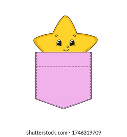 Cute character in shirt pocket. Colorful vector illustration. Cartoon style. Isolated on white background. Design element. Template for your shirts, stickers.