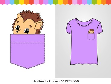 Cute character in shirt pocket. Hedgehog animal. Colorful vector illustration. Cartoon style. Isolated on white background. Design element.