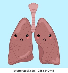 Cute character of sick lungs. Unhealthy human organs anatomy isolated on blue background. Child character logo concept. Vector illustration.