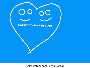 Cute character sign with text "Happy Couple In Love" on blue background.