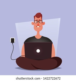 Cute Character Sitting and Working with Laptop. Cartoon Style. Vector Illustration