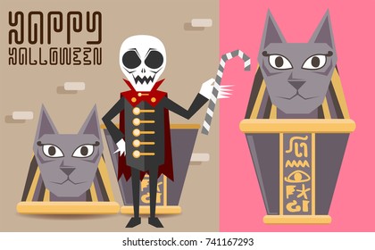 Cute character skeleton and cute canopic jar Egypt concept vector design,Vector cartoon flat children character for halloween.