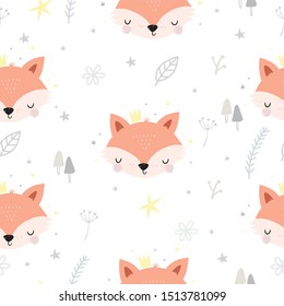 Cute character - sleeping animal baby fox. Vector print for baby shower. Seamless pattern