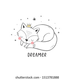 Cute character - sleeping animal baby fox. Vector print for baby shower.