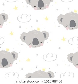 Cute character - sleeping animal baby Koala bear. Vector print for baby shower. Seamless pattern