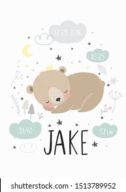 Cute Character - Sleeping Animal Baby Bear. Vector Print For Baby Shower. Birth Poster - Newborn Metric Poste