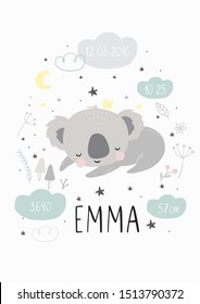 Cute character - sleeping animal baby Koala bear. Vector print for baby shower. Birth poster - newborn metric poste