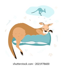 Cute character of a sleeping kangaroo on a pillow in cartoon style, isolated on a white background. Vector illustration for children's room, postcards, T-shirts, decor