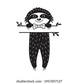 Cute Character Sloth Boy with Text Separator Black Stencil Monogram Isolated Vector Illustration