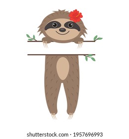 Cute character sloth girl, with text separator, color isolated vector illustration in cartoon style