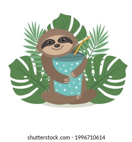 Cute character Sloth holding a glass with a drink, color isolated vector illustration