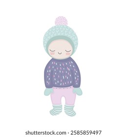 Cute character smiling child in warm outerwear for a walk outside - beanie, sweater and mittens, cartoon illustration