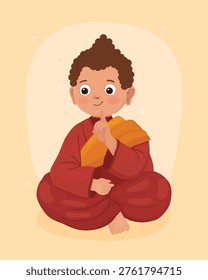 Cute character, smiling little boy Buddhist monk in red clothes, Buddha points his finger up. Happy Vesak day.	