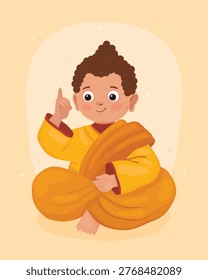 Cute character, smiling little boy Buddhist monk in yellow clothes, Buddha points his finger up. Happy Vesak day.	