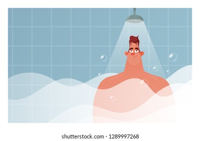 Cute Character. Smiling Man Standing in the Shower in His Bathroom. Cartoon Style. Vector Illustration