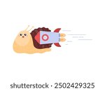 A cute character is a snail, flying rapidly on a rocket. The vector illustration shows a brown shell, sticky goo and spiral horns for nature-themed graphics.