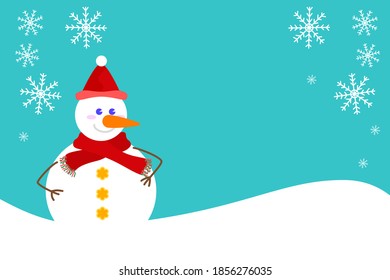 Cute character of Snowman standing on white snow and snowflakes on blue background. Flat design vector illustration. Happy Christmas and winter Day concept.