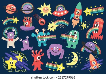 cute character space aliens stars and planets vector