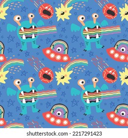 cute character space aliens stars and planets seamless pattern design vector