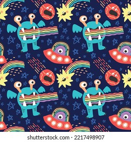 cute character space aliens stars and planets seamless pattern design vector