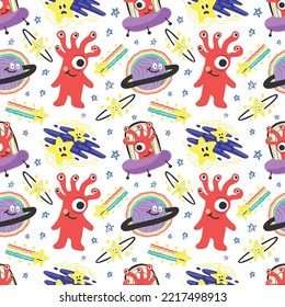 cute character space aliens stars and planets seamless pattern design vector