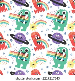cute character space aliens stars and planets seamless pattern design vector