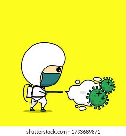 Cute character spraying disinfectant. Hazmat, protective suit. Illustration vector