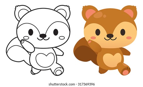 cute character squirrel and black line, vector illustration