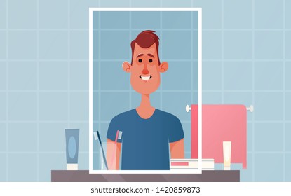 Cute Character Standing in Front of Mirror. Morning Concept. Cartoon Style. Vector Illustration